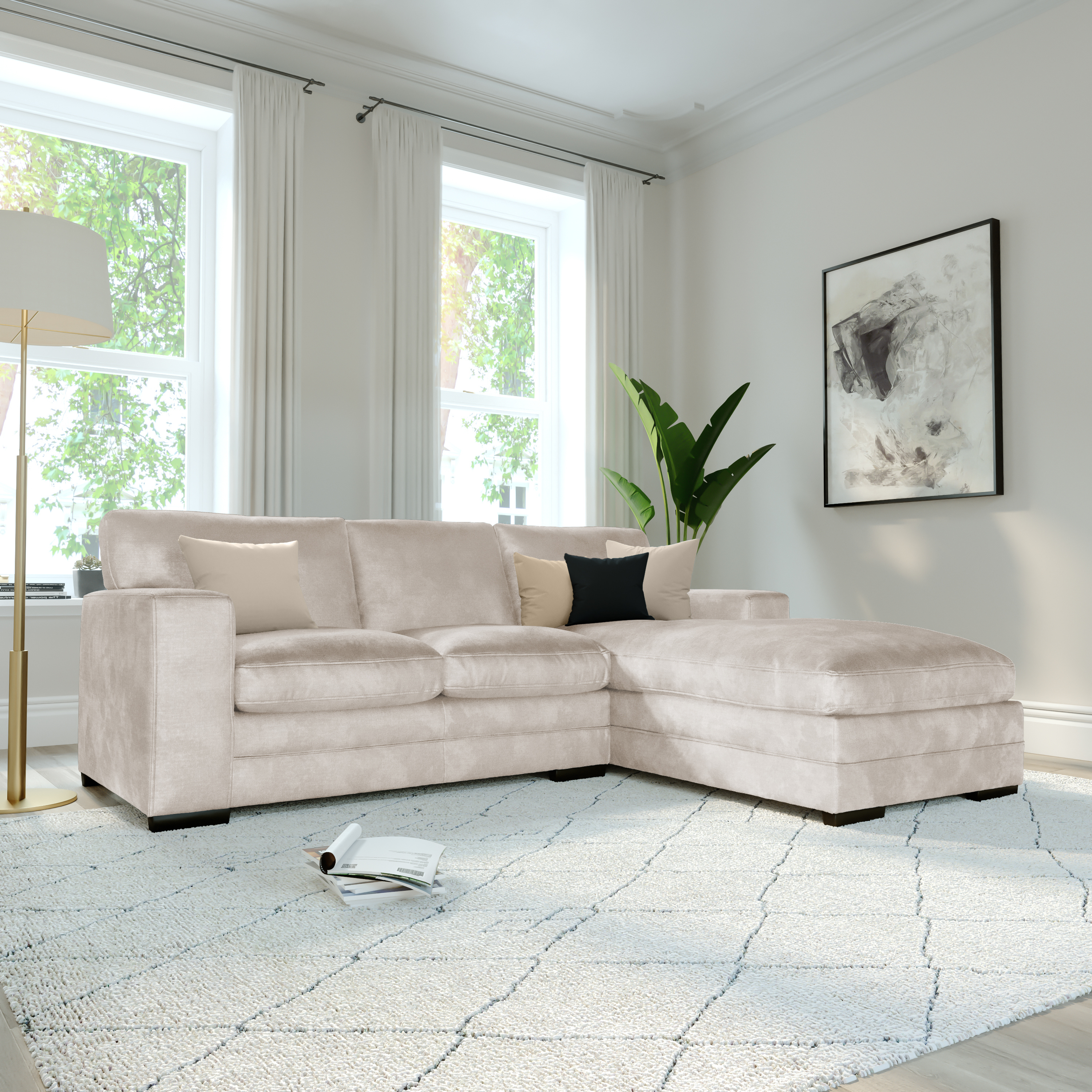 Manhattan L-Shape (Right) Corner Sofa, Ivory Aura Velvet