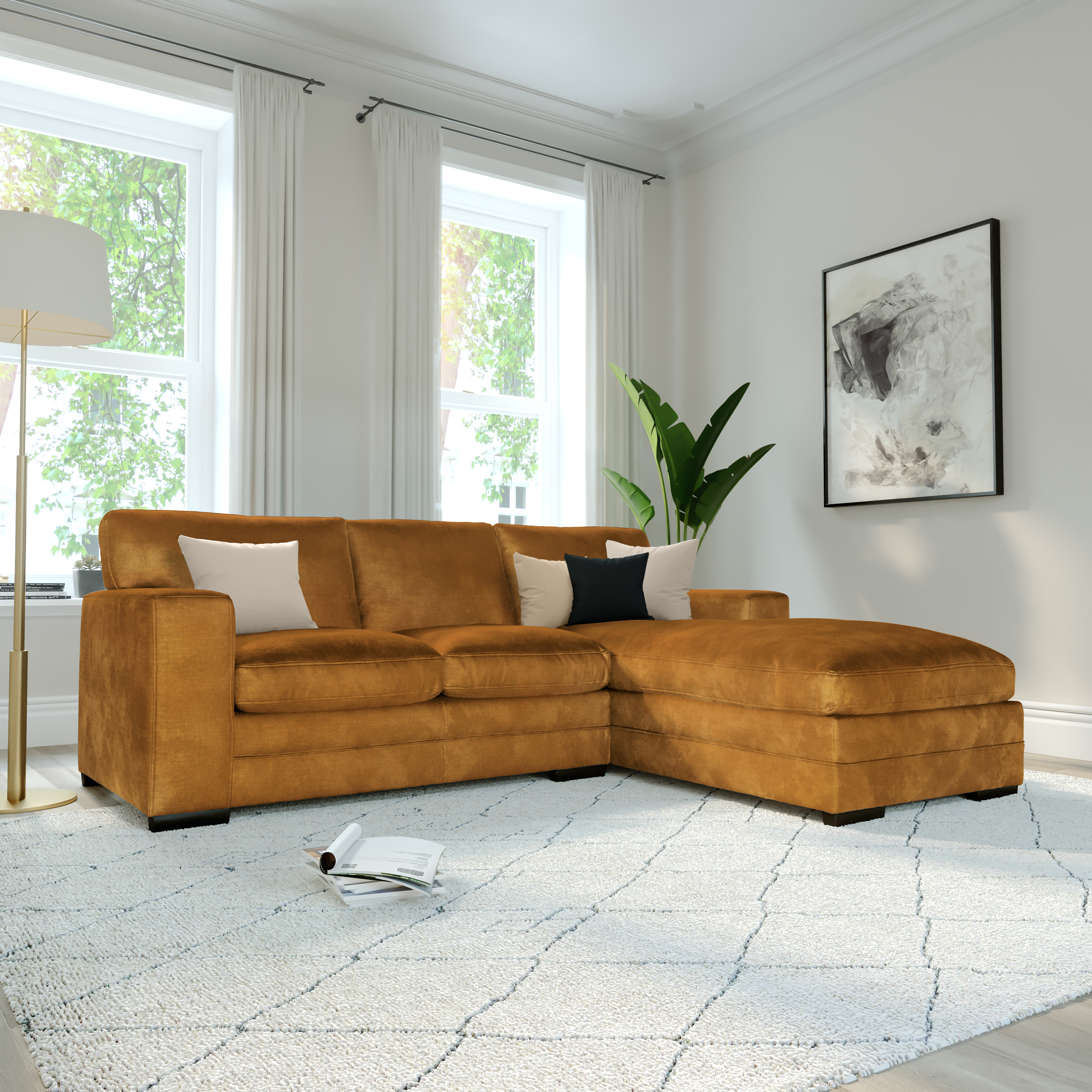 Manhattan L-Shape (Right) Corner Sofa, Mustard Aura Velvet