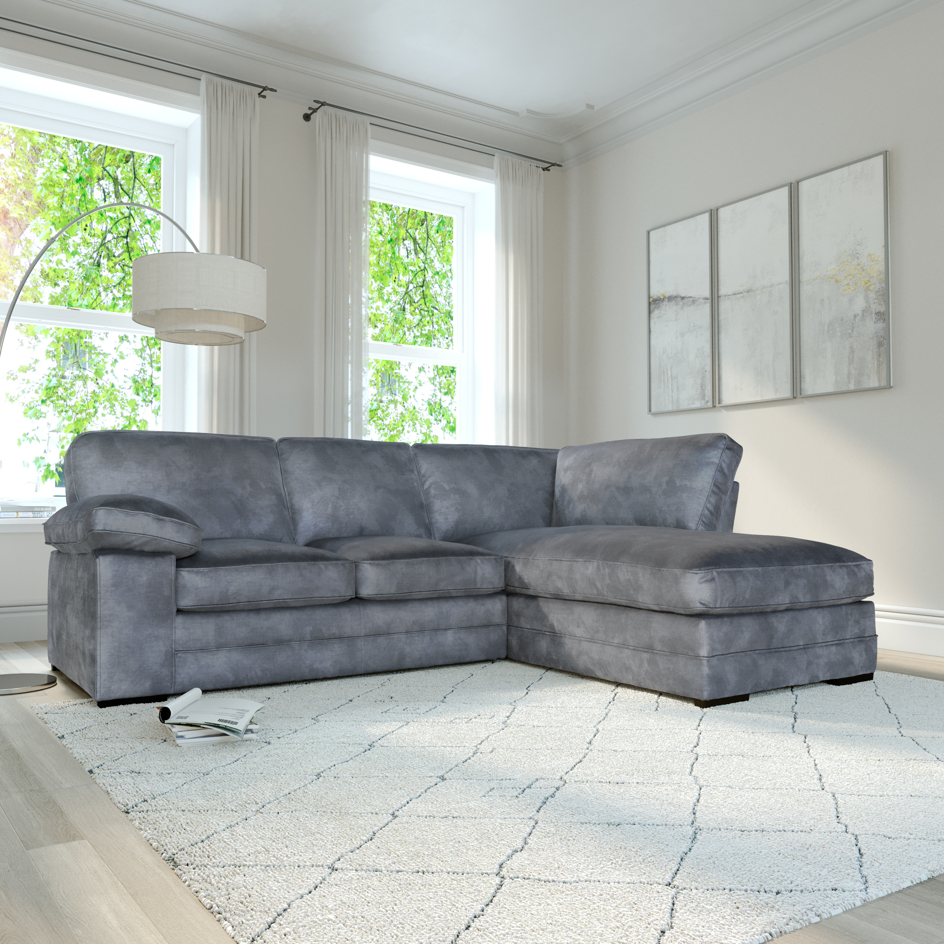 Chatham L-Shape (Right) Corner Sofa, Grey Aura Velvet