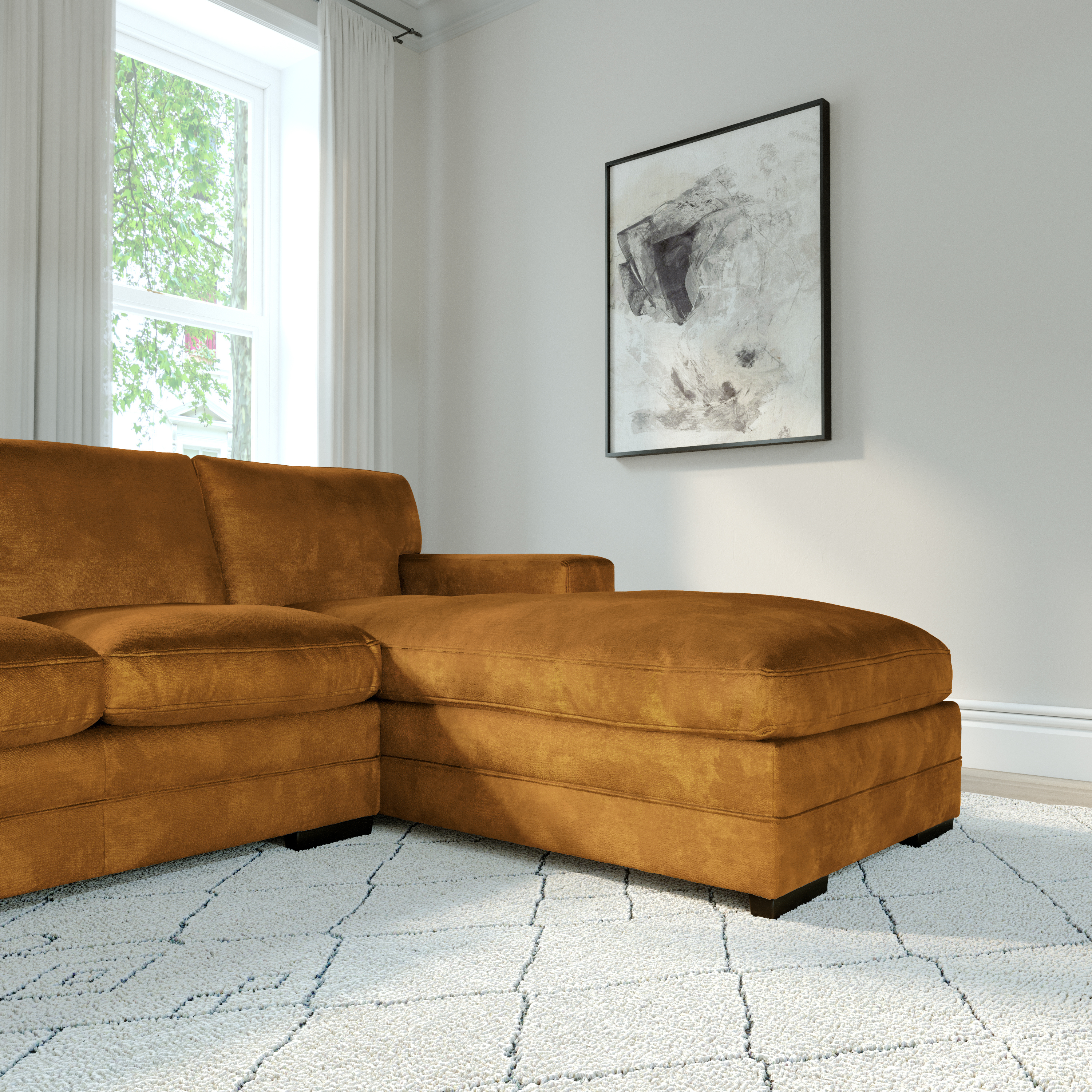 Manhattan L-Shape (Right) Corner Sofa, Mustard Aura Velvet