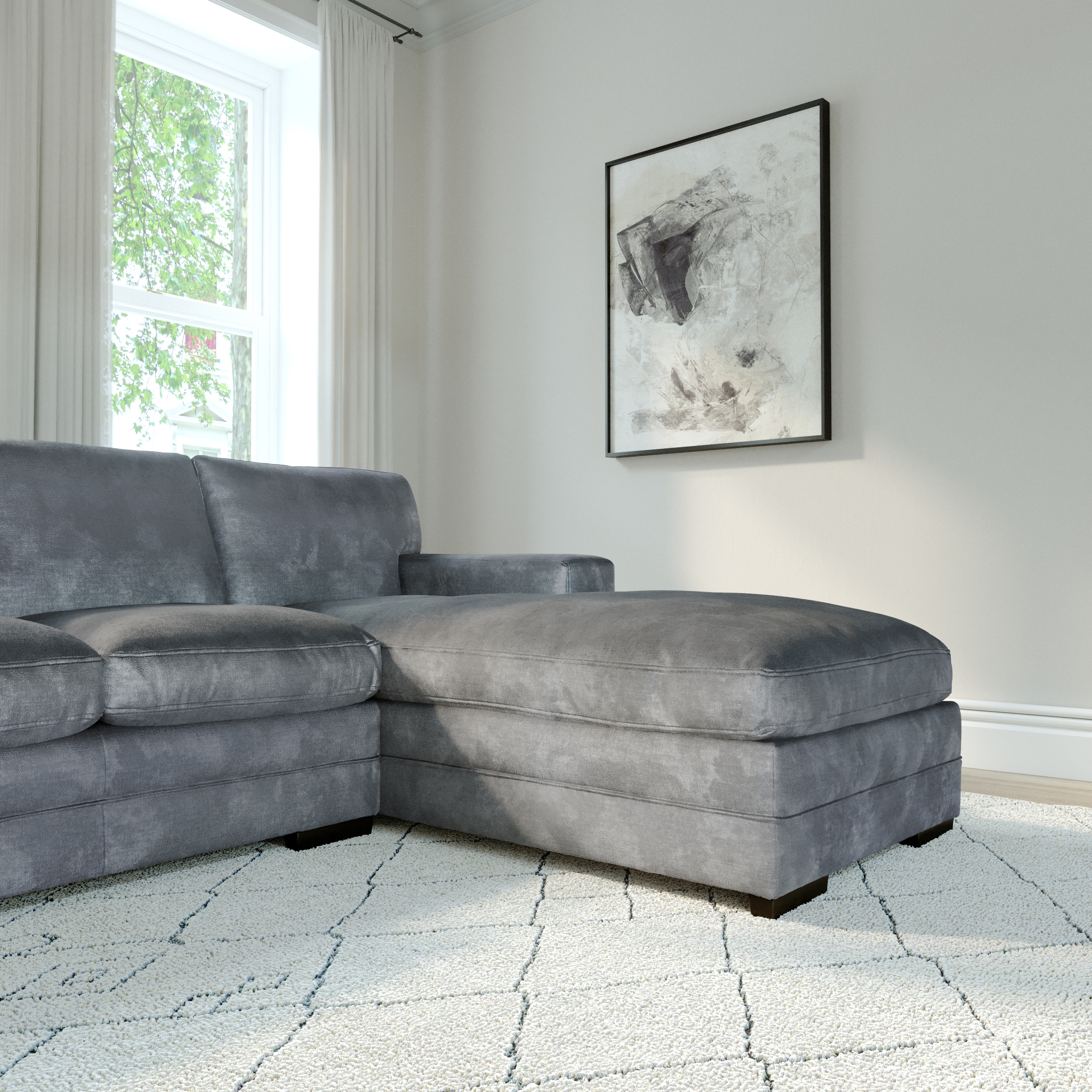 Manhattan L-Shape (Right) Corner Sofa, Grey Aura Velvet