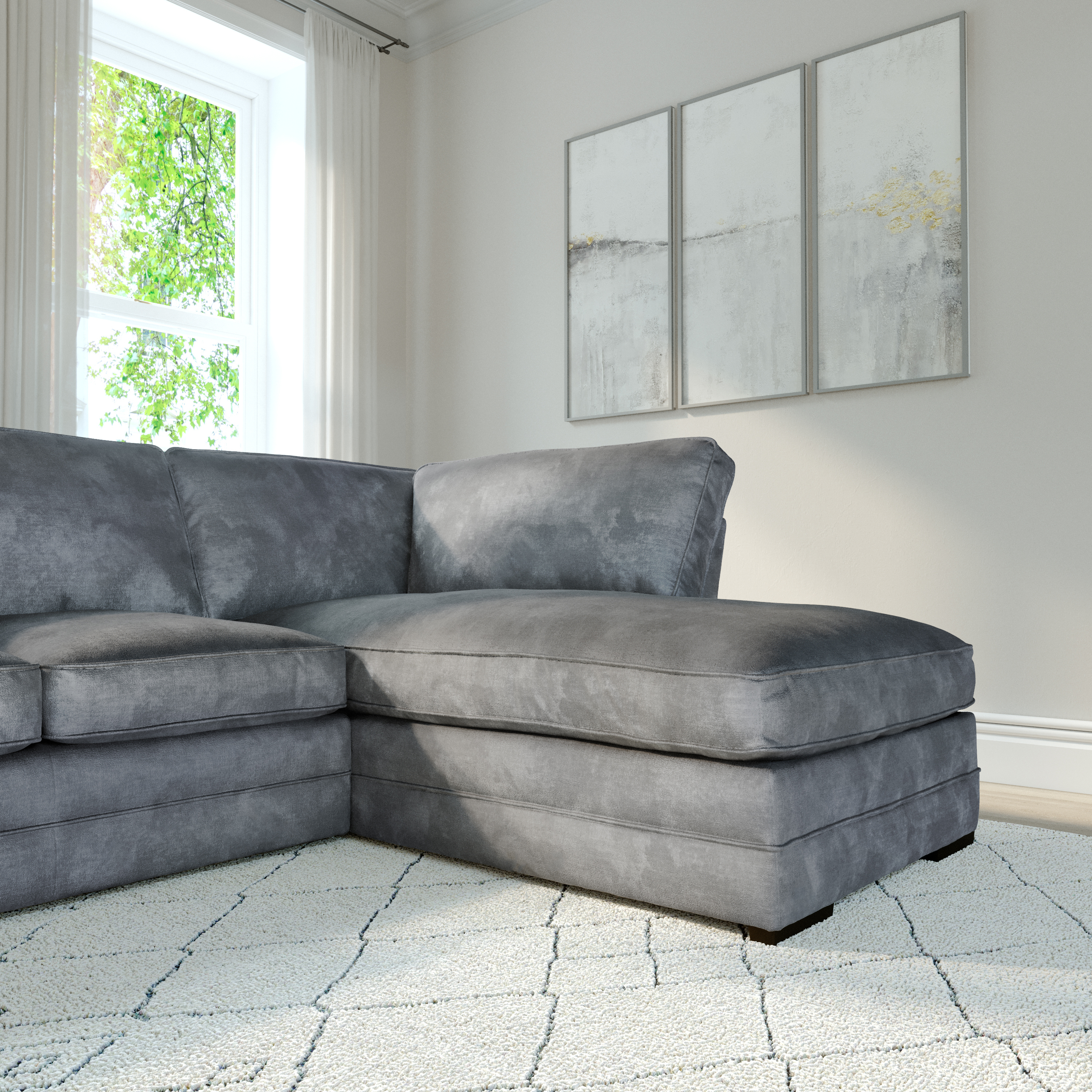 Chatham L-Shape (Right) Corner Sofa, Grey Aura Velvet