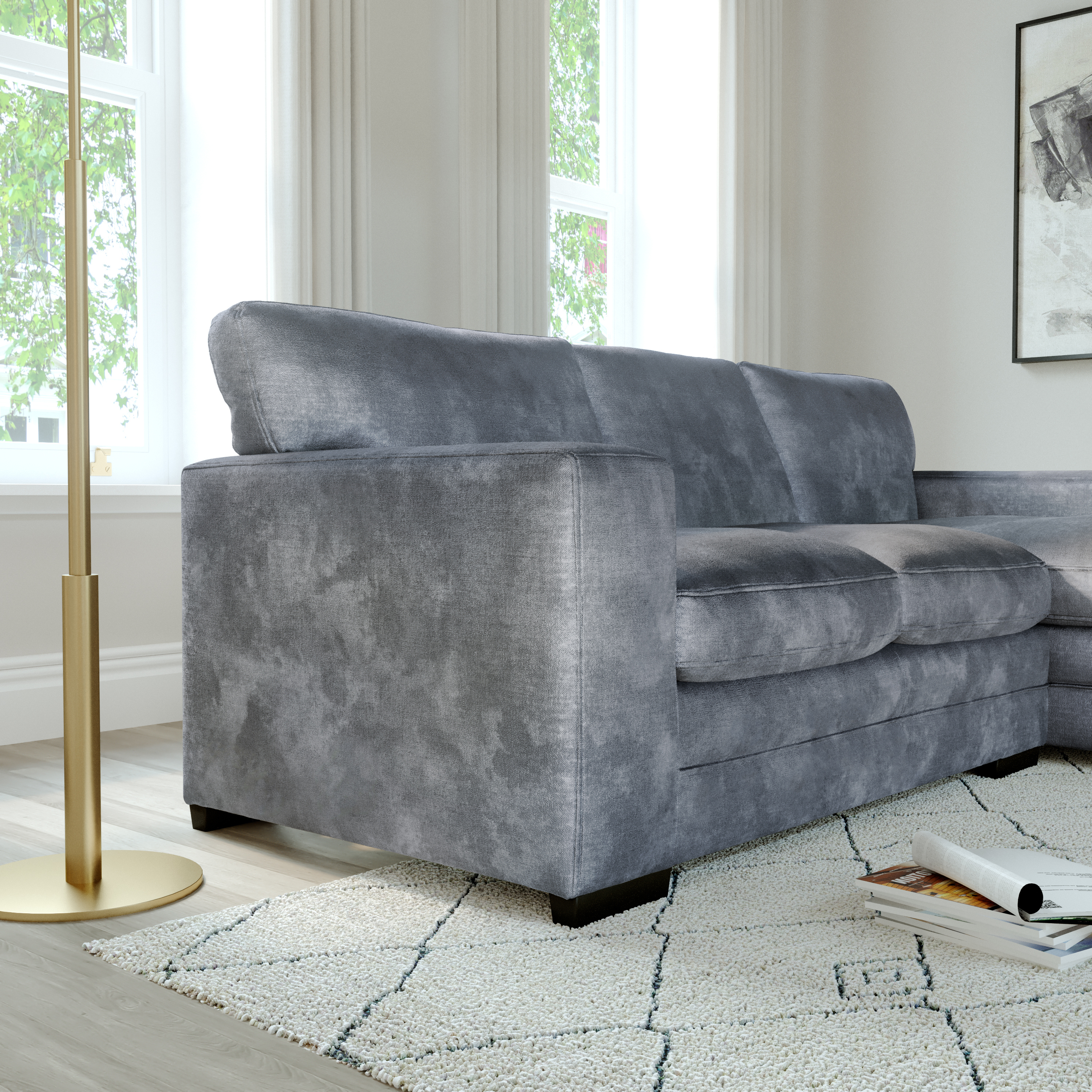 Manhattan L-Shape (Right) Corner Sofa, Grey Aura Velvet