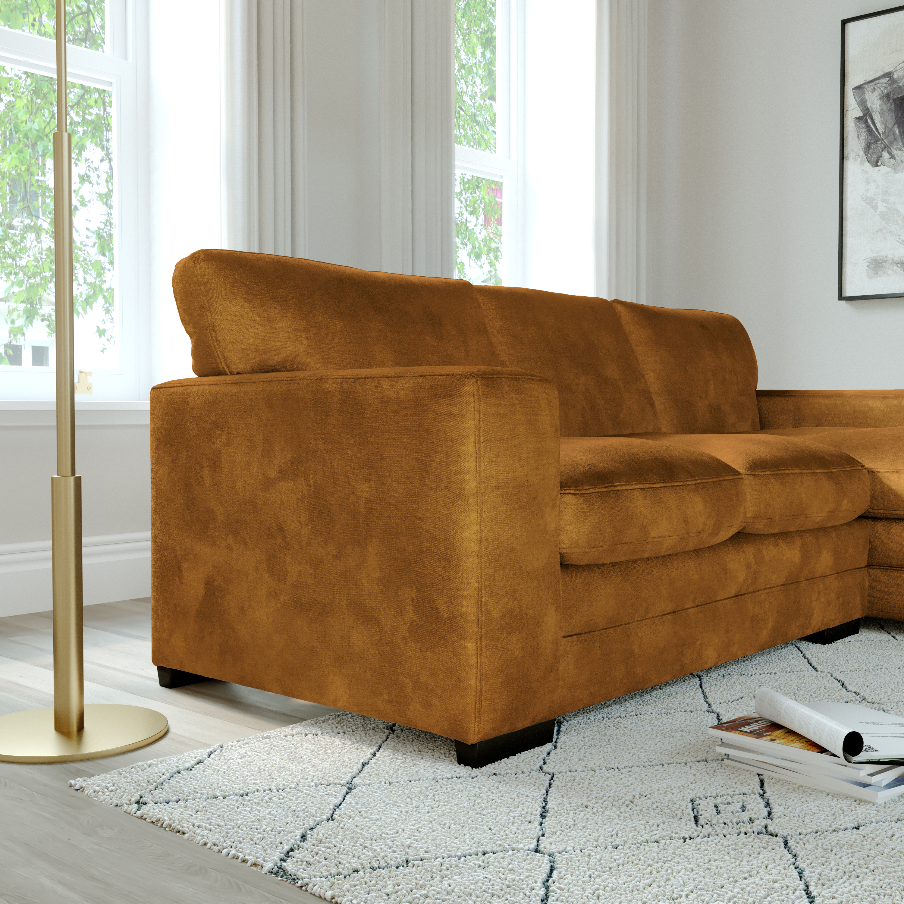 Manhattan L-Shape (Right) Corner Sofa, Mustard Aura Velvet