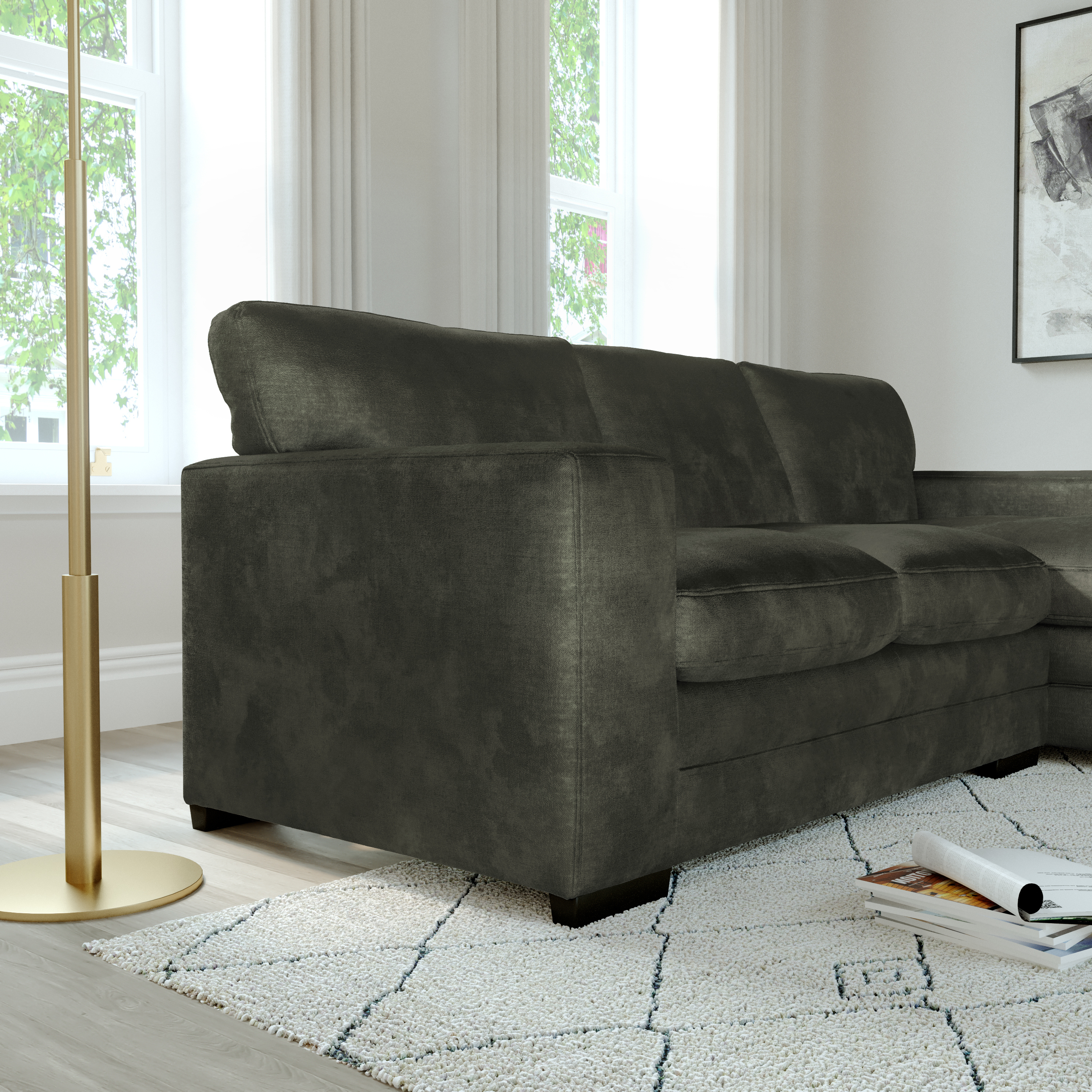 Manhattan L-Shape (Right) Corner Sofa, Moss Green Aura Velvet