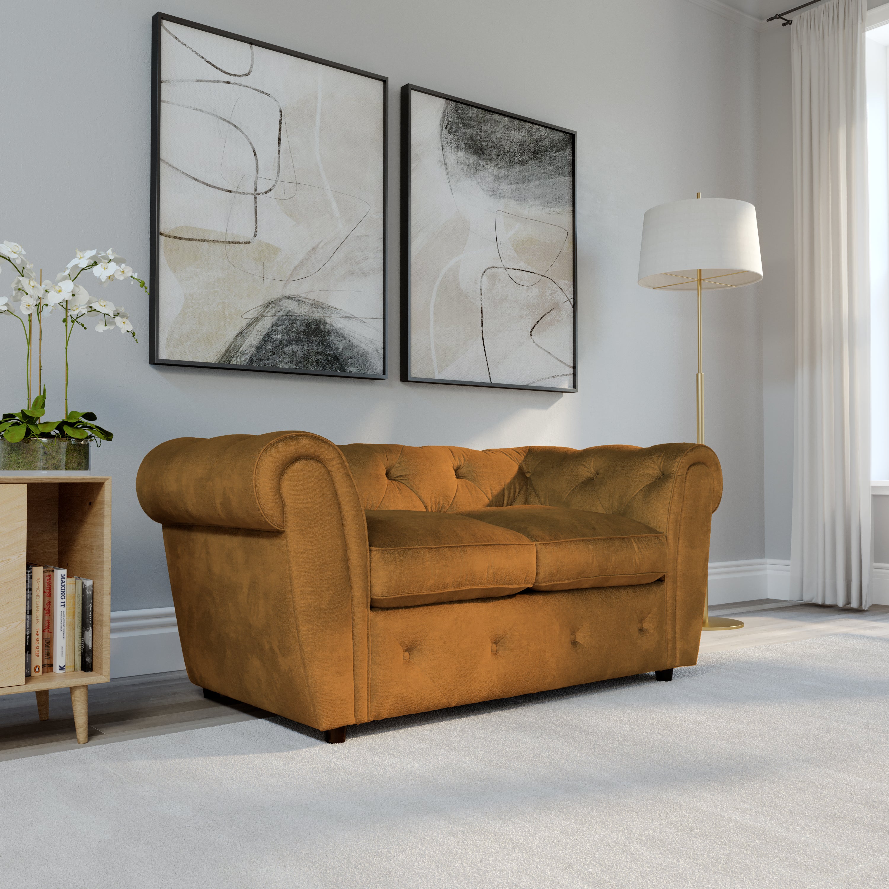 Audley 2 Seater Sofa, Mustard Aura Velvet