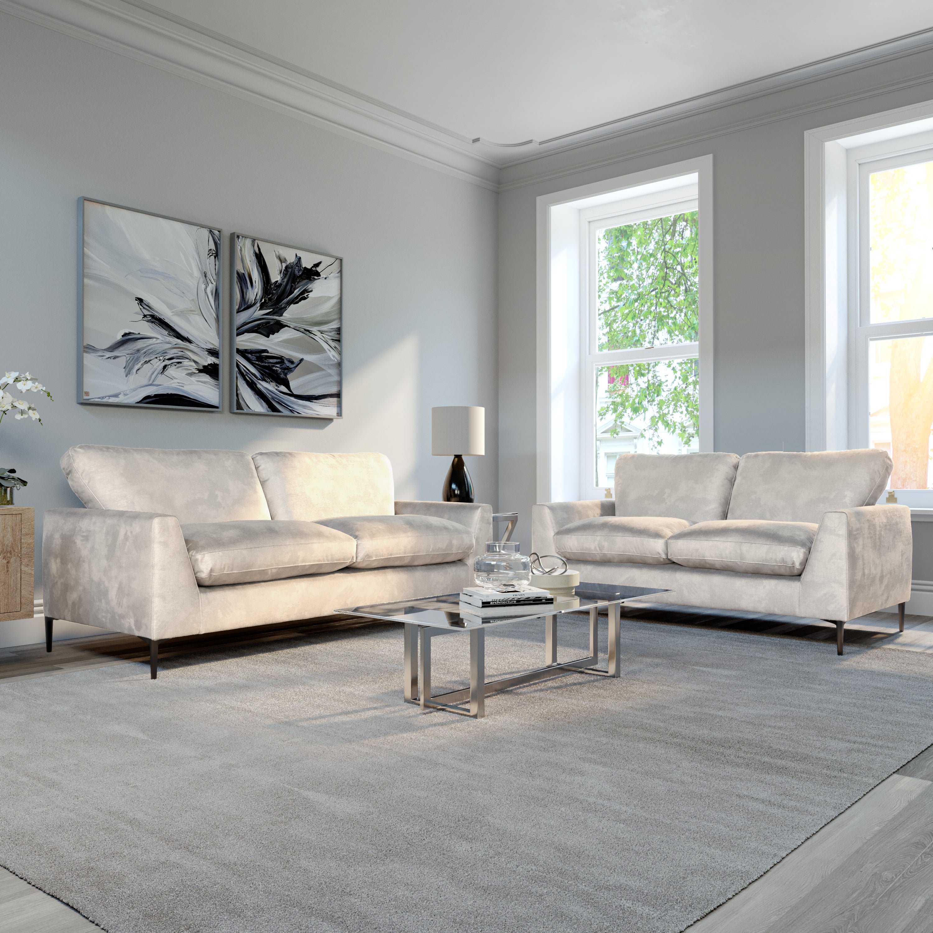 Lexi 3+2 Seater Sofa Set, Ivory Aura Velvet